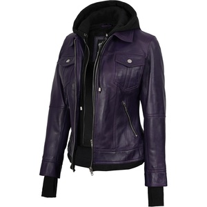 image:imageDecrum Real Lambskin Bomber Jacket Women with Detachable HoodPurple