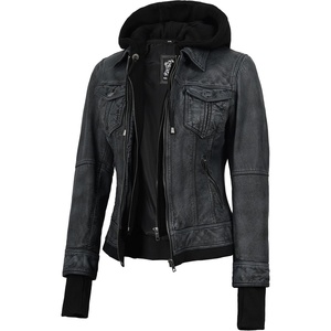 image:imageDecrum Real Lambskin Bomber Jacket Women with Detachable HoodWashed Black New