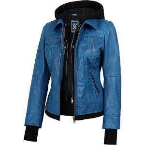 image:imageDecrum Real Lambskin Bomber Jacket Women with Detachable HoodWax Blue New