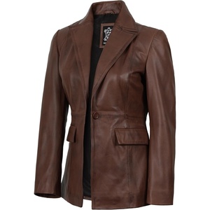 image:imageDecrum Womens 100 Lambskin Leather Blazer Jacket Business Casual StyleCognac