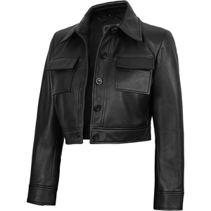 image:imageReal Lambskin Cropped Womens Leather Jacket Trucker Style Shirt CollarBlack