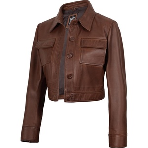image:imageReal Lambskin Cropped Womens Leather Jacket Trucker Style Shirt CollarCognac Wax