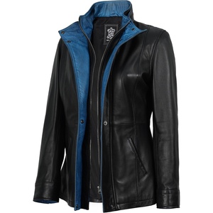image:imageWomens 100 Lambskin Leather Jacket Wide Notch Lapel Collar with Zip FrontBlack  Blue Wax