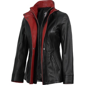 image:imageWomens 100 Lambskin Leather Jacket Wide Notch Lapel Collar with Zip FrontBlack  Red