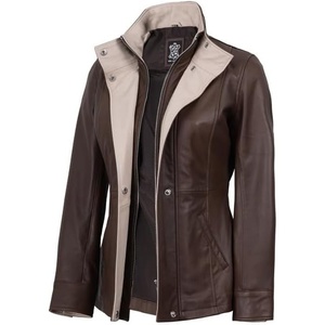 image:imageWomens 100 Lambskin Leather Jacket Wide Notch Lapel Collar with Zip FrontBrown  Beige