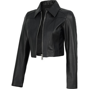 image:imageDecrum 100 Real Lambskin Cropped Womens Leather Jacket With Zipper ClosureBlack