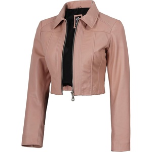 image:imageDecrum 100 Real Lambskin Cropped Womens Leather Jacket With Zipper ClosurePink