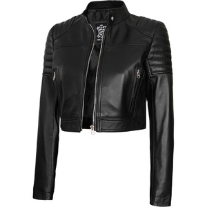 image:imageDecrum Black And Brown Real Lambskin Leather Cropped Jackets For WomenE Black