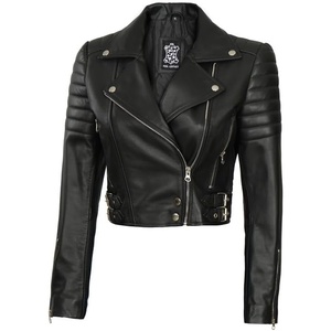 image:imageDecrum Black And Brown Real Lambskin Leather Cropped Jackets For WomenJ Black