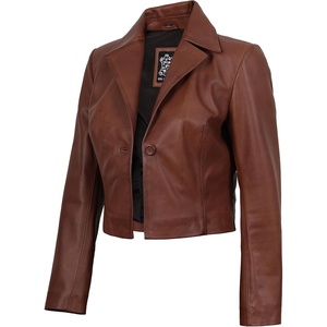 image:imageDecrum Black And Brown Real Lambskin Leather Cropped Jackets For WomenO Cognac