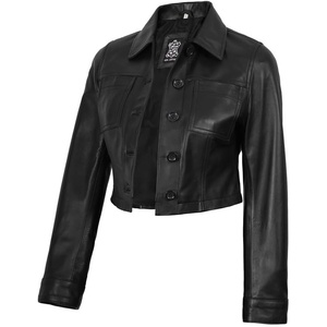 image:imageDecrum Cropped Leather Jacket for Women Real Lambskin Shirt Collar StyleBlack