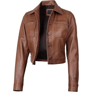 image:imageDecrum Cropped Leather Jacket for Women Real Lambskin Shirt Collar StyleCognac