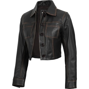 image:imageDecrum Cropped Leather Jacket for Women Real Lambskin Shirt Collar StyleDark Brown Ruboff