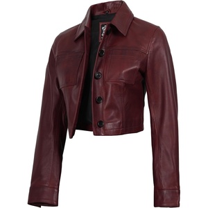 image:imageDecrum Cropped Leather Jacket for Women Real Lambskin Shirt Collar StyleMaroon Wax
