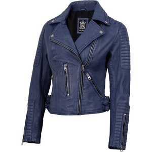 image:imageDecrum Real Lambskin Women Leather Jacket Asymmetrical Motorcycle StyleWashed Distress Blue