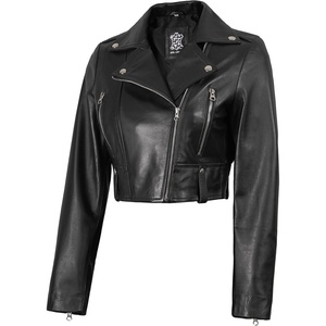 image:imageReal Lambskin Asymmetrical Cropped Leather Jacket Women Motocycle StyleBlack