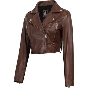image:imageReal Lambskin Asymmetrical Cropped Leather Jacket Women Motocycle StyleCognac Wax