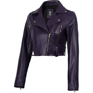 image:imageReal Lambskin Asymmetrical Cropped Leather Jacket Women Motocycle StylePurple