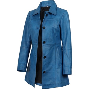 image:imageDecrum Real Lambskin 34 Length Leather Jacket Car Coat Style for WomenVivid Blue Wax