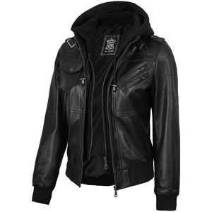 image:imageDecrum Real Lambskin Leather Bomber Jacket Women with Detachable HoodBlack