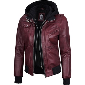 image:imageDecrum Real Lambskin Leather Bomber Jacket Women with Detachable HoodBurgundy