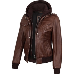 image:imageDecrum Real Lambskin Leather Bomber Jacket Women with Detachable HoodCognac Wax