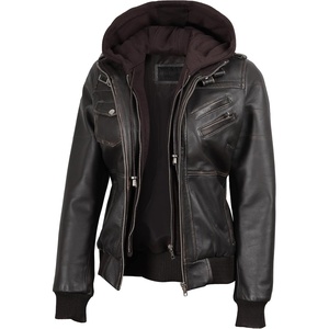 image:imageDecrum Real Lambskin Leather Bomber Jacket Women with Detachable HoodDark Brown Ruboff