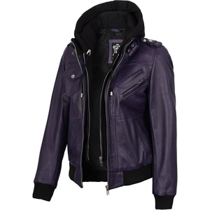 image:imageDecrum Real Lambskin Leather Bomber Jacket Women with Detachable HoodPurple Wax