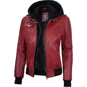 image:imageDecrum Real Lambskin Leather Bomber Jacket Women with Detachable HoodRed
