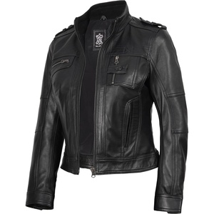 image:imageDecrum Real Leather Jacket Wome Cafe Racer Moto Style with Rib Knit CollarBlack