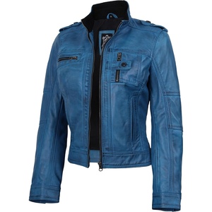 image:imageDecrum Real Leather Jacket Wome Cafe Racer Moto Style with Rib Knit CollarBlue