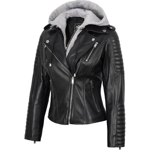image:imageDecrum Womens Asymetrical Leather Jacket with Detachable HoodBlack