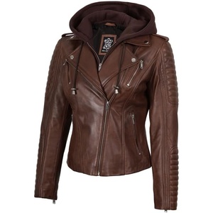image:imageDecrum Womens Asymetrical Leather Jacket with Detachable HoodCognac