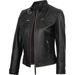 image:imageReal Womens Leather Jacket  Cafe Racer Style Leather Jackets for WomenBlack Gold