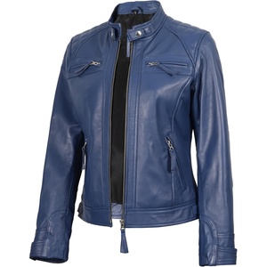 image:imageReal Womens Leather Jacket  Cafe Racer Style Leather Jackets for WomenBlue