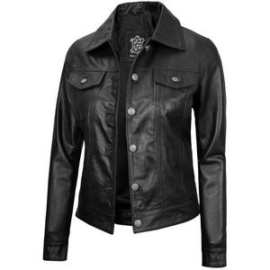 image:imageDecrum Real Lambskin Trucker Leather Jacket for Women with Button ClosureBlack
