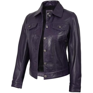 image:imageDecrum Real Lambskin Trucker Leather Jacket for Women with Button ClosurePurple Wax