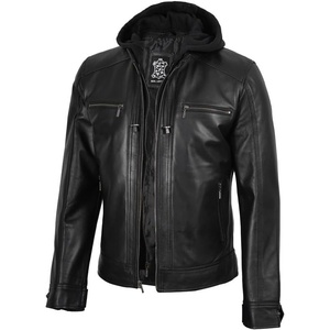 image:imageDecrum Real Lambskin Casual Leather Jacket Men with Removeable HoodMerrill  Black Hooded Leather Jacket