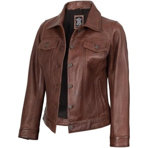 image:imageTrucker Leather Jacket Women  Real Lambskin Vintage Womens Leather JacketCognac Wax