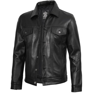 image:imageTrucker Leather Jacket Men  Vintage Style Real Lambskin Leather Jackets for Men with Button ClosureBlack