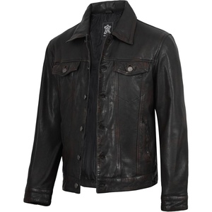 image:imageTrucker Leather Jacket Men  Vintage Style Real Lambskin Leather Jackets for Men with Button ClosureMaroon Wax Washed Black New